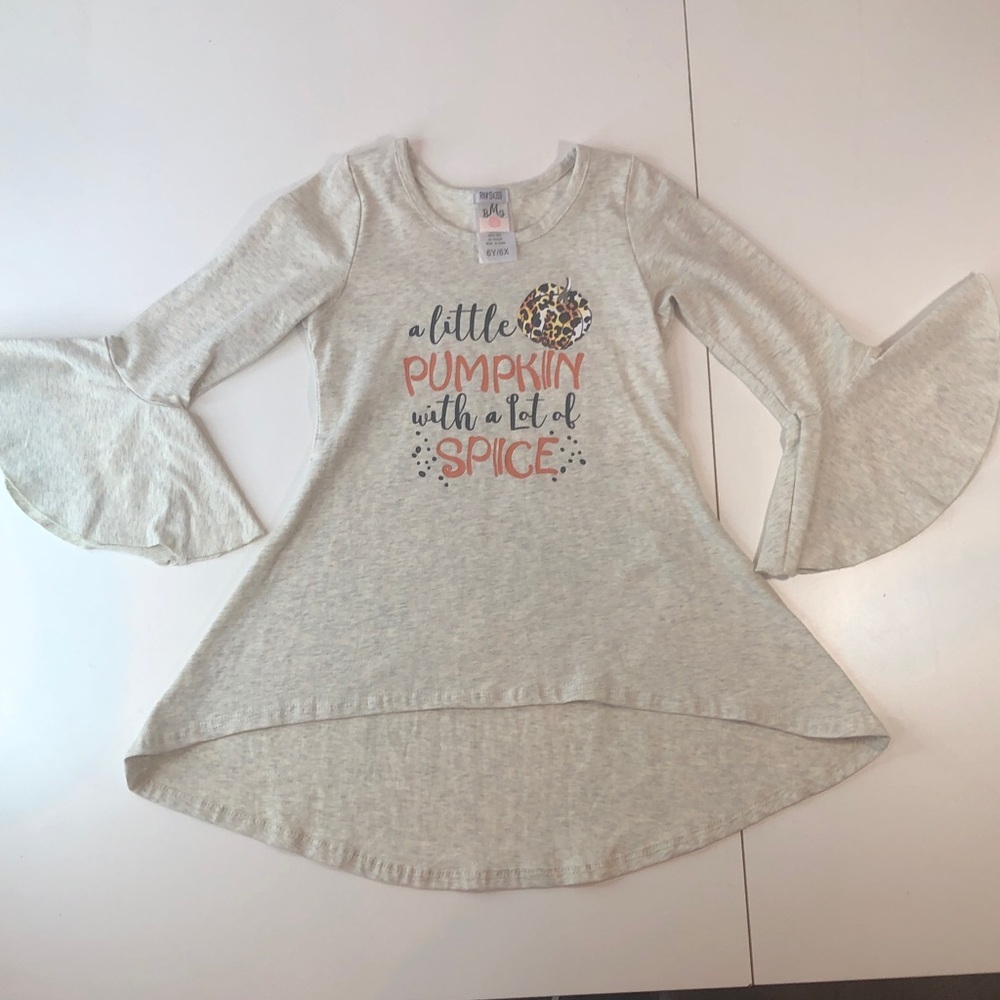 Heather Cream Light Gray Bell Sleeve Pumpkin Spice Graphic Print Top 6 6X New